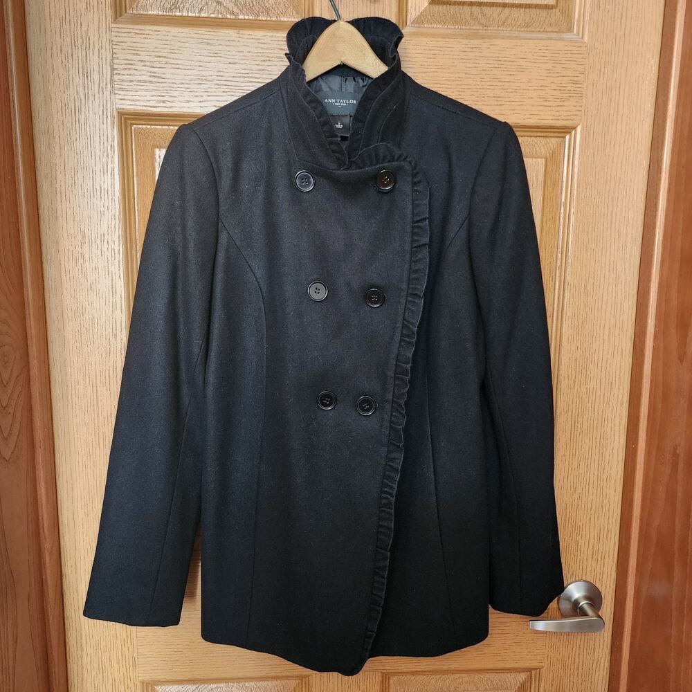 Ann Taylor Black Wool Blend Ruffled Double Breasted Jacket Blazer Women's Size S
